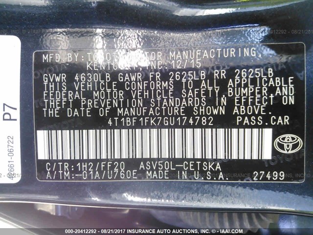 4T1BF1FK7GU174782 - 2016 TOYOTA CAMRY LE/XLE/SE/XSE შავი ფოტო 9
