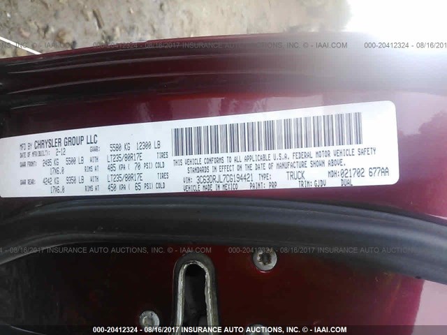 3C63DRJL7CG194421 - 2012 DODGE RAM 3500 LARAMIE MAROON photo 9