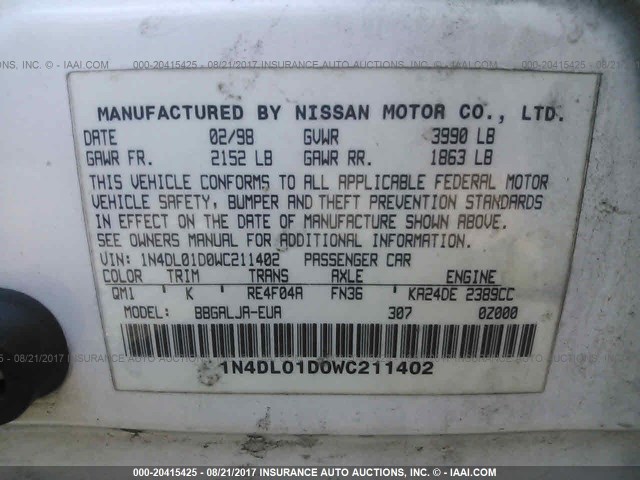 1N4DL01D0WC211402 - 1998 NISSAN ALTIMA XE/GXE/SE/GLE WHITE photo 9