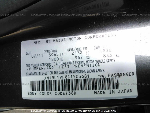 JM1BL1VF8C1503681 - 2012 MAZDA 3 I GRAY photo 9