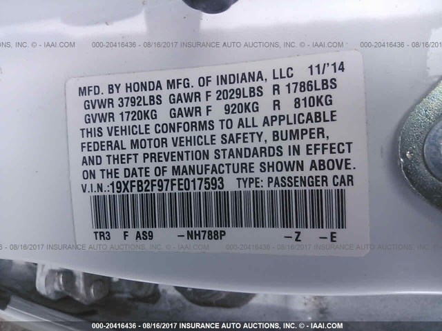 19XFB2F97FE017593 - 2015 HONDA CIVIC EXL WHITE photo 9