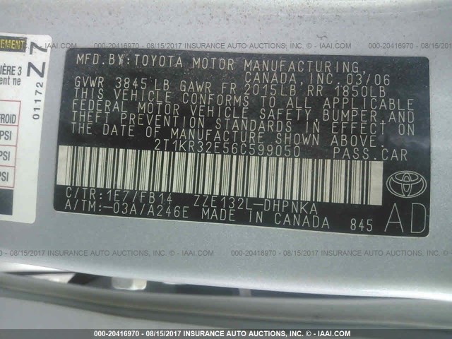 2T1KR32E56C599050 - 2006 TOYOTA COROLLA MATRIX XR SILVER photo 9