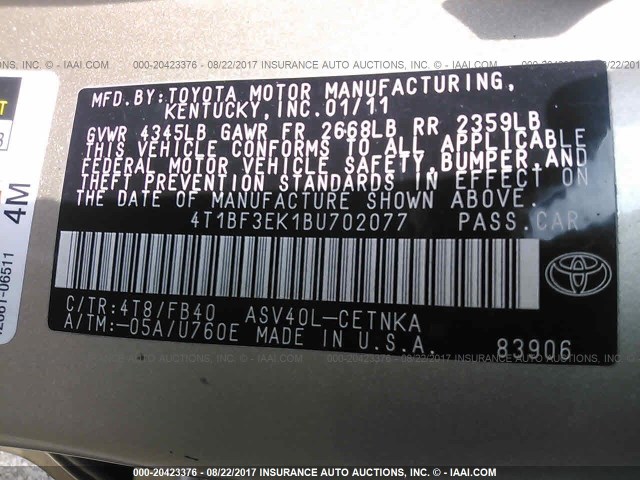 4T1BF3EK1BU702077 - 2011 TOYOTA CAMRY SE/LE/XLE GOLD photo 9