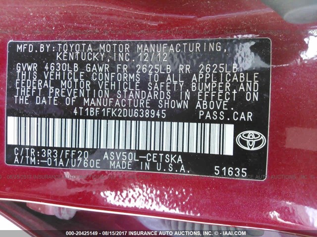 4T1BF1FK2DU638945 - 2013 TOYOTA CAMRY L/SE/LE/XLE RED photo 9