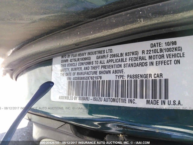 4S3BG6853X7621578 - 1999 SUBARU LEGACY OUTBACK/SSV/LIMITED/30TH GREEN photo 9