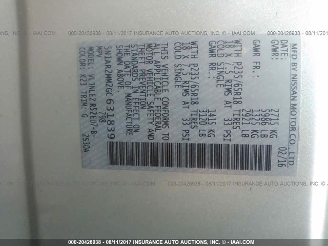 5N1AR2MM2GC631839 - 2016 NISSAN PATHFINDER S/SV/SL/PLATINUM 银色 照片 9