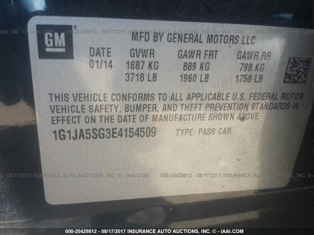 1G1JA5SG3E4154509 - 2014 CHEVROLET SONIC LS 黑色 照片 9