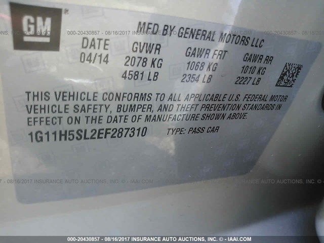 1G11H5SL2EF287310 - 2014 CHEVROLET MALIBU LTZ 棕色 照片 9