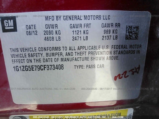 1G1ZG5E79CF373408 - 2012 CHEVROLET MALIBU LTZ RED photo 9