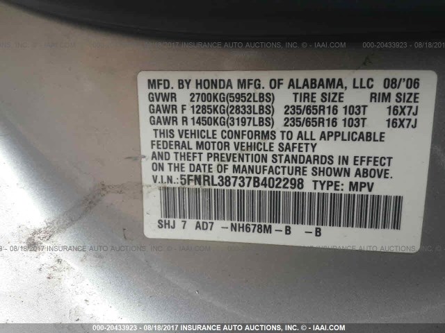 5FNRL38737B402298 - 2007 HONDA ODYSSEY EXL ვერცხლისფერი ფოტო 9