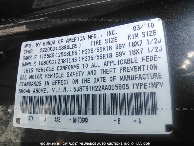 5J8TB1H22AA005605 - 2010 ACURA RDX GRAY photo 9