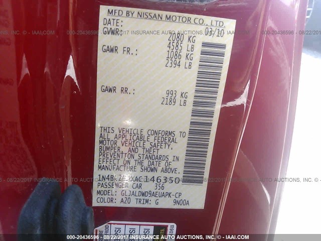 1N4BL2EPXAC146350 - 2010 NISSAN ALTIMA SR RED photo 9