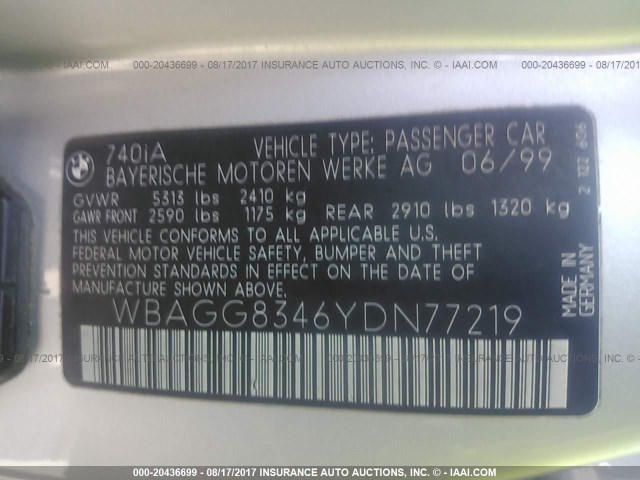 WBAGG8346YDN77219 - 2000 BMW 740 I AUTOMATIC SILVER photo 9