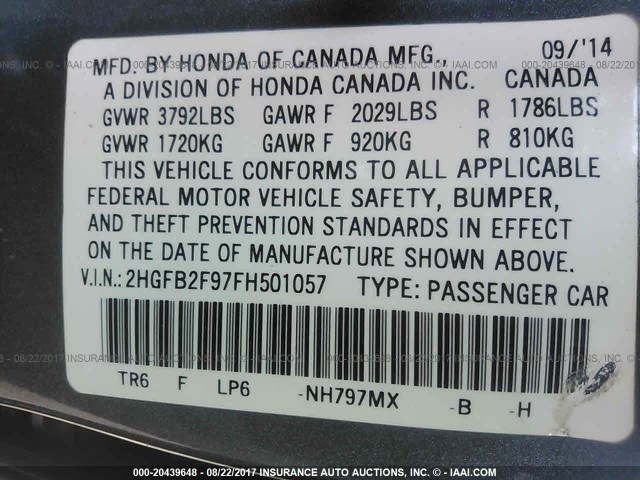 2HGFB2F97FH501057 - 2015 HONDA CIVIC EXL GRAY photo 9