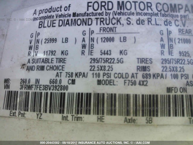 3FRWF7FE3BV392800 - 2011 FORD F750 SUPER DUTY WHITE photo 10