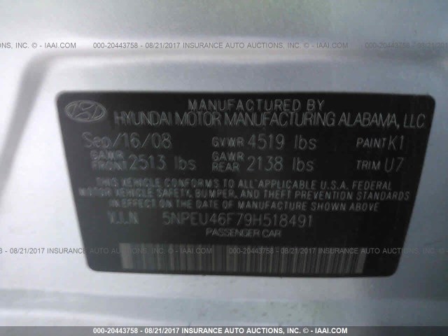 5NPEU46F79H518491 - 2009 HYUNDAI SONATA SE/LIMITED SILVER photo 9