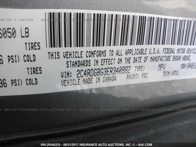 2C4RDGBG3ER340982 - 2014 DODGE GRAND CARAVAN SE GRAY photo 9