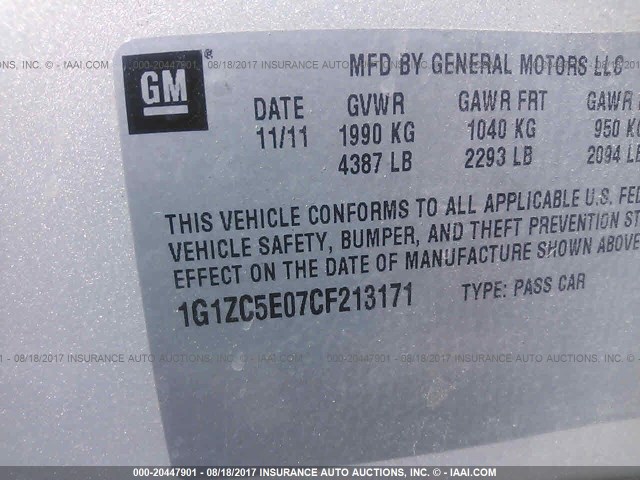 1G1ZC5E07CF213171 - 2012 CHEVROLET MALIBU 1LT 金色 照片 9