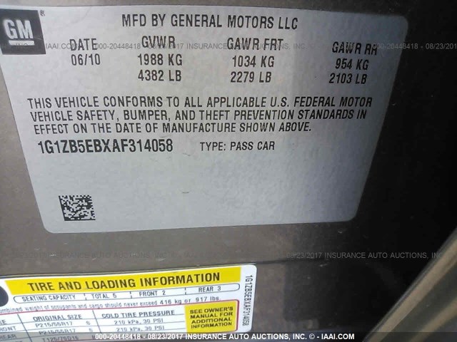 1G1ZB5EBXAF314058 - 2010 CHEVROLET MALIBU LS GRAY photo 9