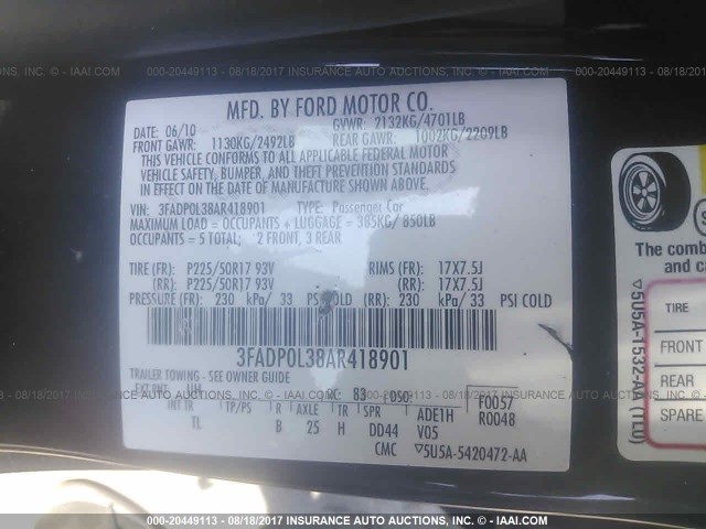 3FADP0L38AR418901 - 2010 FORD FUSION HYBRID BLACK photo 9