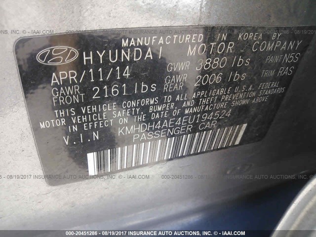 KMHDH4AE4EU194524 - 2014 HYUNDAI ELANTRA SE/SPORT/LIMITED SILVER photo 9