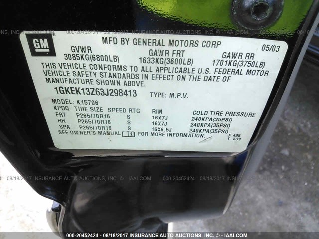 1GKEK13Z63J298413 - 2003 GMC YUKON BLACK photo 9