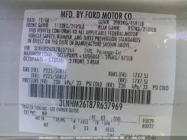 3LNHM26T87R637969 - 2007 LINCOLN MKZ SILVER photo 9