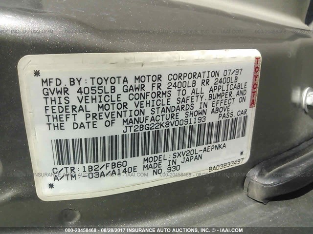 JT2BG22K8V0091193 - 1997 TOYOTA CAMRY LE/XLE Champagne photo 9