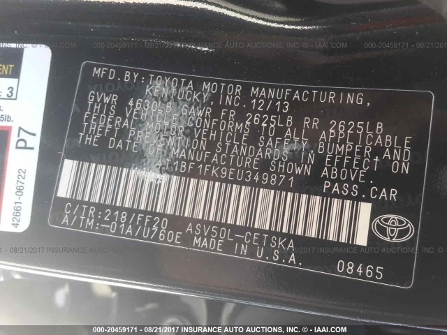 4T1BF1FK9EU349871 - 2014 TOYOTA CAMRY L/SE/LE/XLE Qara foto 9