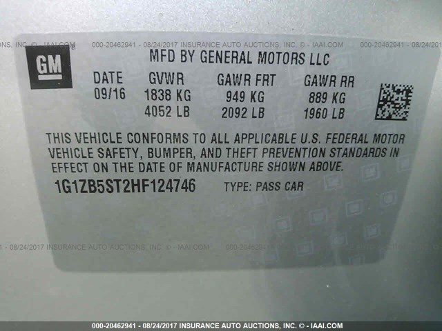 1G1ZB5ST2HF124746 - 2017 CHEVROLET MALIBU LS SILVER photo 9