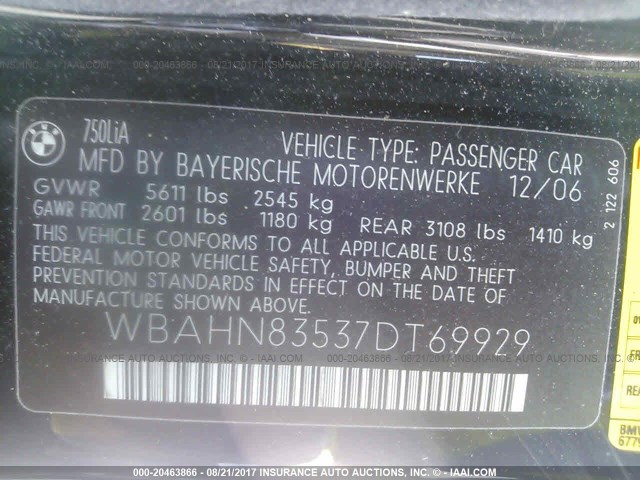 WBAHN83537DT69929 - 2007 BMW 750 BLACK photo 9