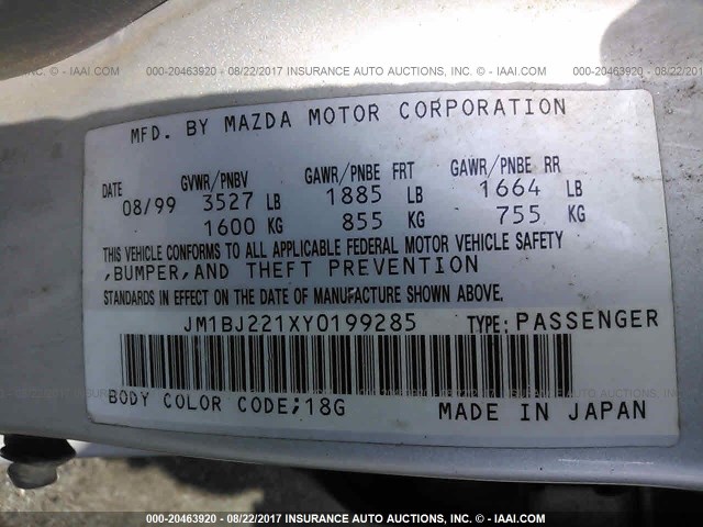 JM1BJ221XY0199285 - 2000 MAZDA PROTEGE ES GRAY photo 9