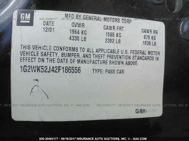 1G2WK52J42F186556 - 2002 PONTIAC GRAND PRIX SE BLUE photo 9