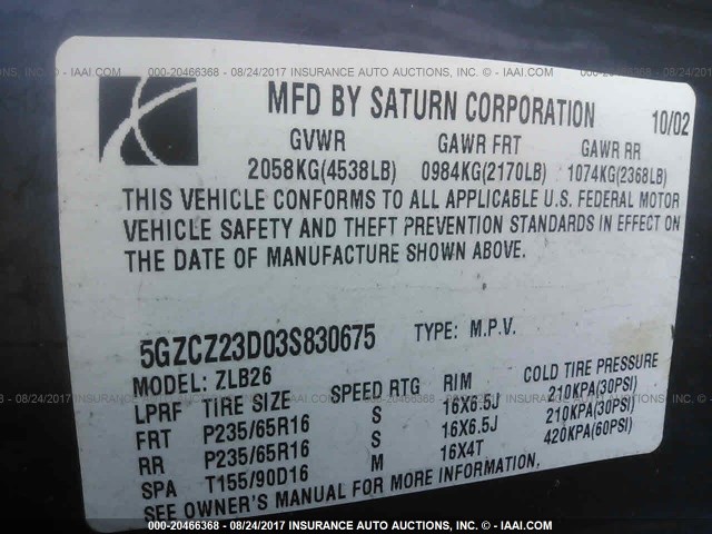 5GZCZ23D03S830675 - 2003 SATURN VUE SILVER photo 9