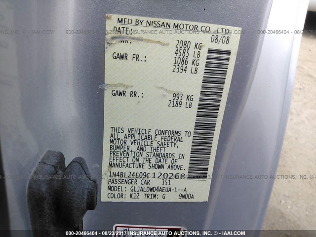 1N4BL24E09C120268 - 2009 NISSAN ALTIMA 3.5SE SILVER photo 9