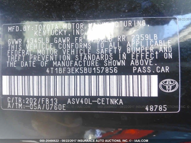 4T1BF3EK5BU157856 - 2011 TOYOTA CAMRY SE/LE/XLE Черный фото 9