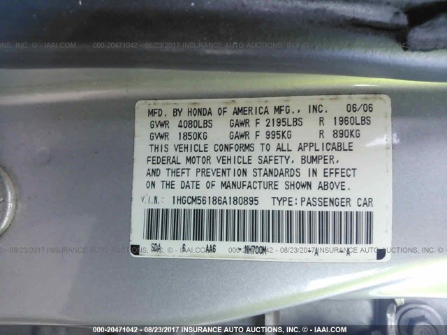 1HGCM56186A180895 - 2006 HONDA ACCORD VALUE SILVER photo 9