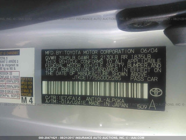 JTKDE177550005285 - 2005 TOYOTA SCION TC 银色 照片 9