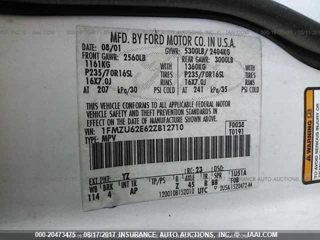 1FMZU62E62ZB12710 - 2002 FORD EXPLORER XLS WHITE photo 9