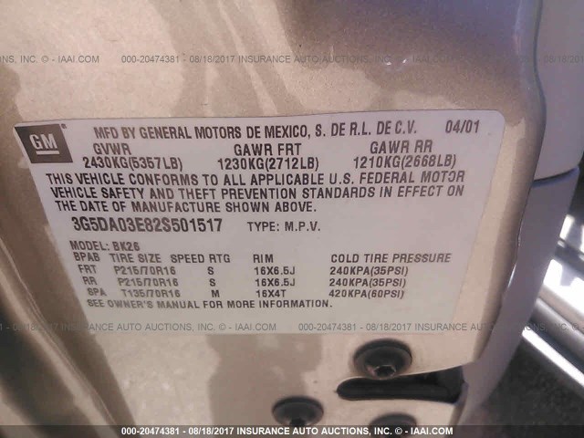 3G5DA03E82S501517 - 2002 BUICK RENDEZVOUS CX BEIGE photo 9