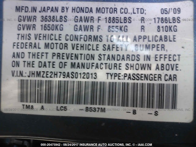 JHMZE2H79AS012013 - 2010 HONDA INSIGHT EX BLUE photo 9