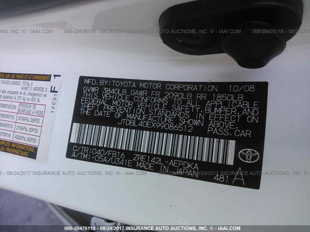 JTDBL40EX99086512 - 2009 TOYOTA COROLLA LE/XLE WHITE photo 9