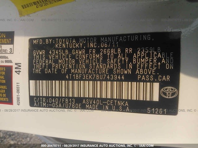 4T1BF3EK7BU743944 - 2011 TOYOTA CAMRY SE/LE/XLE WHITE photo 9