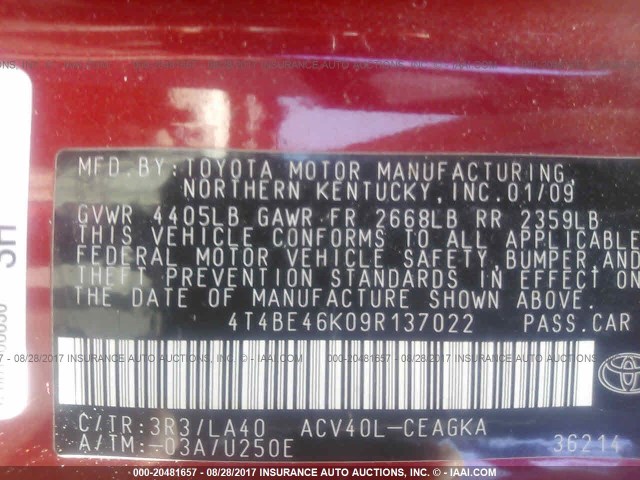 4T4BE46K09R137022 - 2009 TOYOTA CAMRY SE/LE/XLE 红色 照片 9