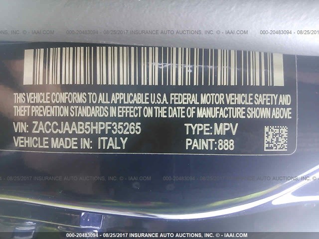 ZACCJAAB5HPF35265 - 2017 JEEP RENEGADE SPORT Կապույտ լուսանկար 9