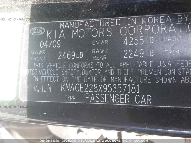 KNAGE228X95357181 - 2009 KIA OPTIMA LX/EX BLACK photo 9