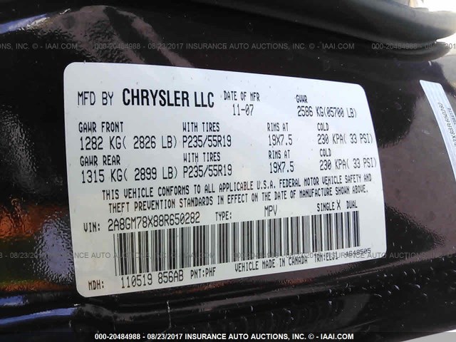 2A8GM78X88R650282 - 2008 CHRYSLER PACIFICA LIMITED MAROON photo 9