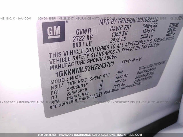 1GKKNMLS3HZ243781 - 2017 GMC ACADIA SLT-1 Білий фото 9