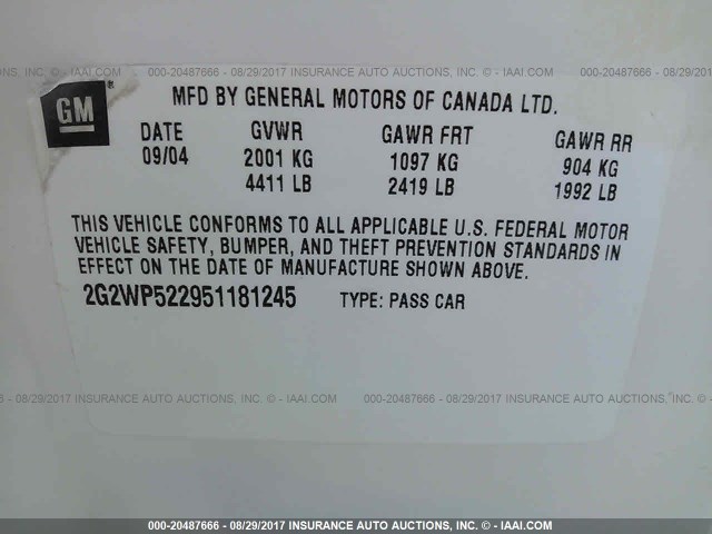 2G2WP522951181245 - 2005 PONTIAC GRAND PRIX WHITE photo 9