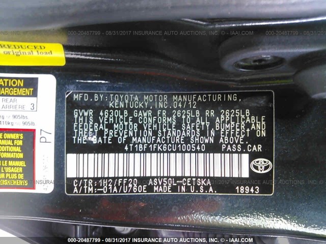 4T1BF1FK6CU100540 - 2012 TOYOTA CAMRY SE/LE/XLE GREEN photo 9